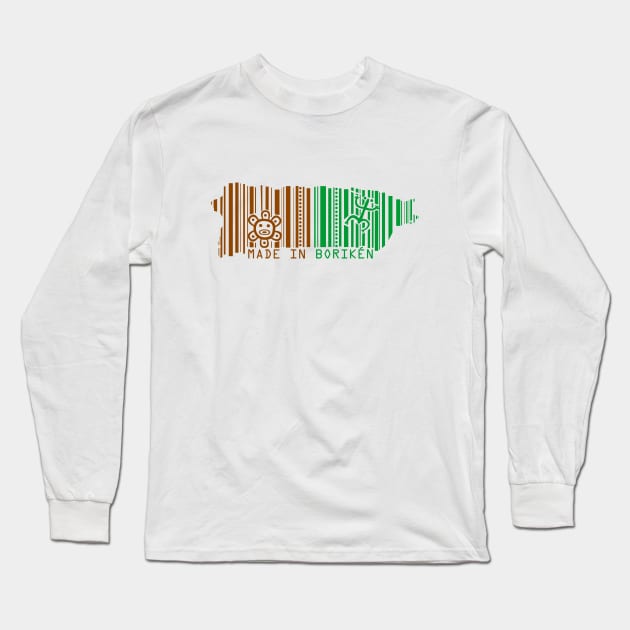 Puerto Rico Map Made in Boriken Taino Symbols Barcode Green Brown Design Long Sleeve T-Shirt by bydarling